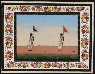 Two men carrying a sword and a backpack with a pennant