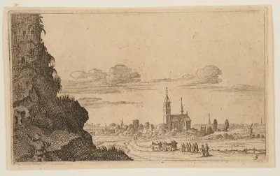 Two Men Climbing Rocks up to Ruins, from Twelve Landscapes