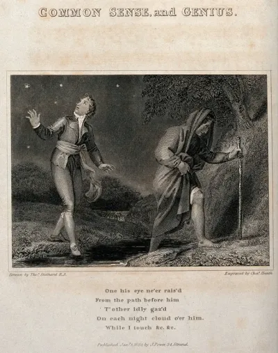 Two men crossing a stream by night, representing Common sense and Genius