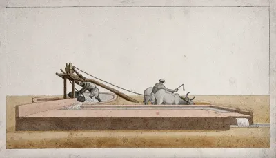 Two men drawing water from a well to channel into the fields