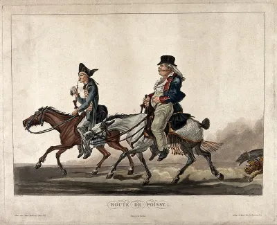 Two men dressed in dilapidated Napoleonic (?) military uniforms, riding decrepit horses, followed by two dogs
