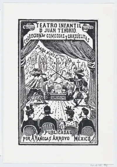 Two men dueling on a stage in front of an audience, illustration for 'Teatro Infantil de Juan Tendrio'