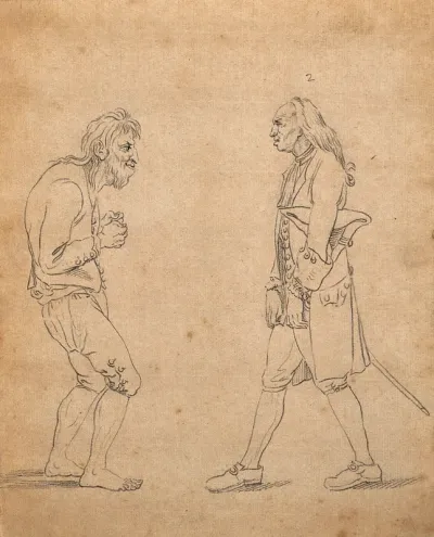 Two men exhibiting postures which express their character: on the left a man of 'brutal sensibility', on the right, a miser