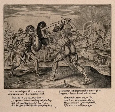 Two men fighting while animals sit in pairs placidly watching; an allegory of man's ability to fight his own kind