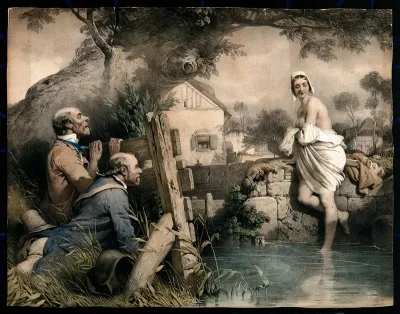 Two men hidden behind a fence are watching a young woman bathing; cottages in the background
