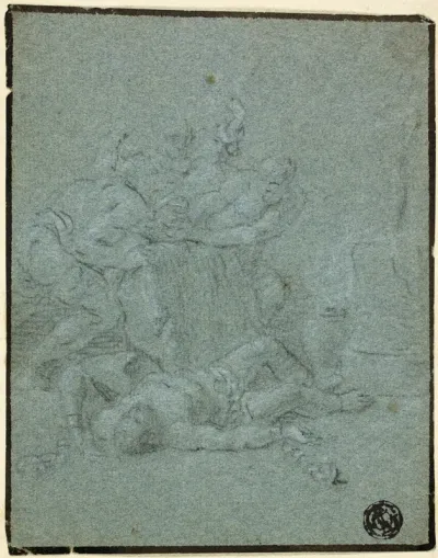 Two Men Holding Boulder over Prostrate Man with Manacles