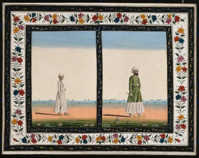 Two men holding hooked (?) implements