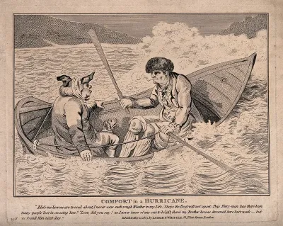 Two men in a ferry on a stormy crossing: a passenger and the ferryman discuss at cross purposes the danger of drowning