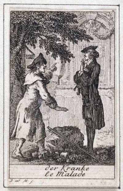 Two men in a graveyard, one of them pointing to an ornate stone tomb, possibly to indicate the whereabouts of a third man to the second one