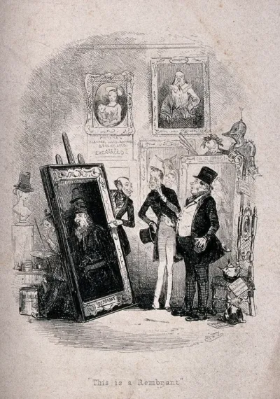 Two men in an art gallery are being shown a painting by the proprietor while another man with a paint brush in his hand hides behind the picture