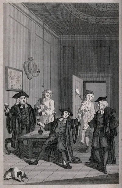 Two men in clerical dress are sitting at a table holding drinks in their hands, as they are reproved by a cleric accompanied by a beadle