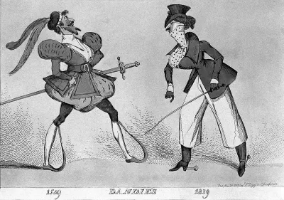 Two men in elaborate costume, one representing 1549 with a sword and chains on his shoes and the other of 1819 with a cane and spurs on his boots