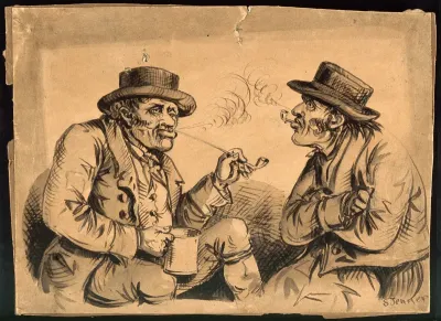Two men in rural attire, seated, in conversation; one holds a tankard, both are smoking pipes