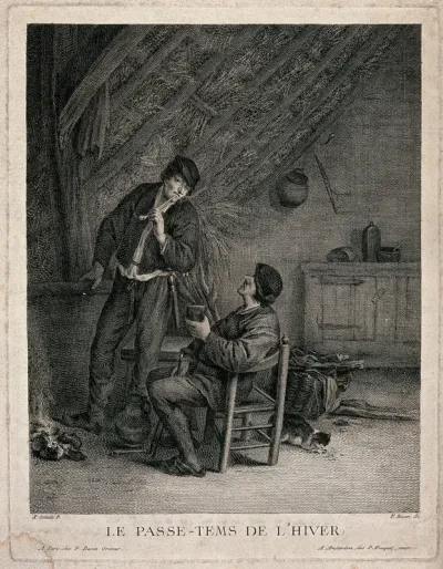 Two men indoors under a thatched roof, smoking and drinking; representing pastimes in winter