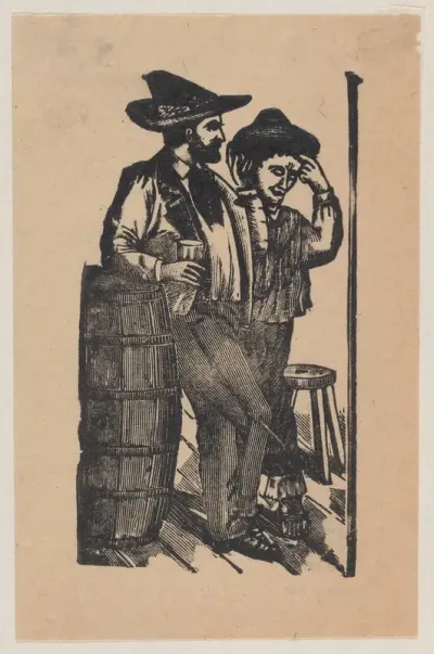Two men leaning on a barrel and drinking