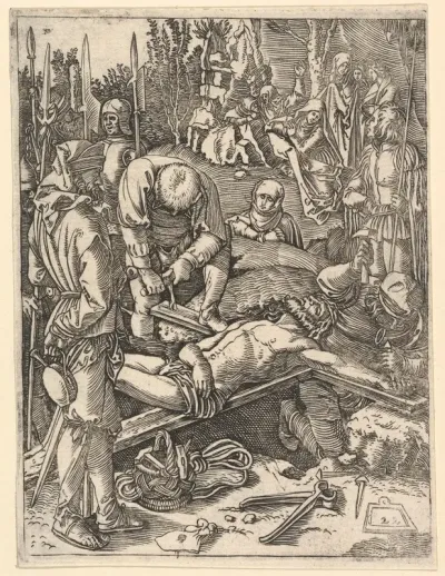 Two men nailing Christ to the cross before onlookers, from "The Passion of Christ", after Dürer