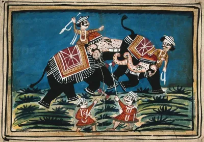 Two men on elephants and two men on the ground engaged in battle