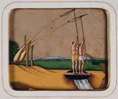Two men operating a water-lifting device powered by a counterweight