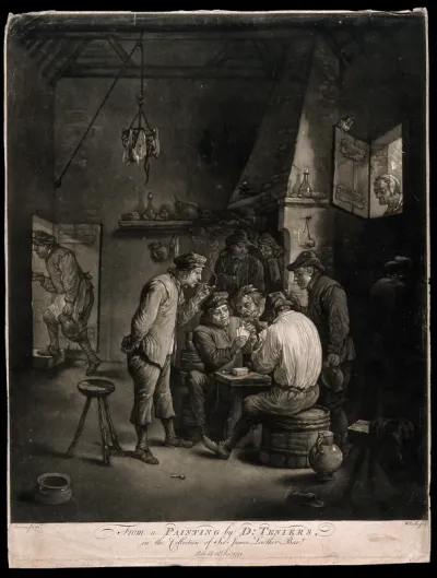 Two men play cards at a table as others watch, smoke and drink in a dingy smoke den