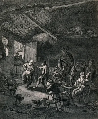 Two men play music as others dance in a barn