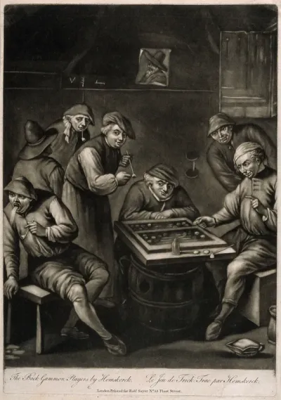 Two men playing backgammon on a barrel-table as others watch and smoke