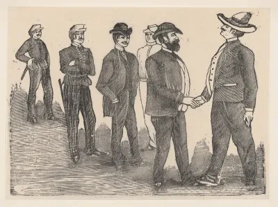 Two men shaking hands in the foreground and officers watching them in the background