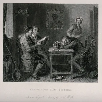 Two men sing from a songbook they are both holding, while a younger man has fallen asleep at the table; a young woman looks on