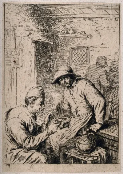 Two men sit in an inn, one smokes while the other lights his pipe