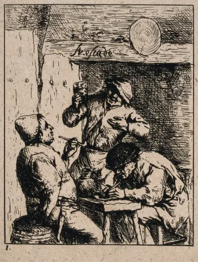 Two men sit smoking at a table, a third stands with glass upraised
