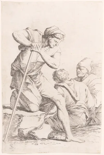 Two men sitting and another man holding a staff kneeling on a rock, from "Figurine"