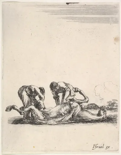 Two men skinning a horse that is lying on the ground with its hooves in the air, from "Various cavalry exercises" (Diverses exercices de cavalerie)