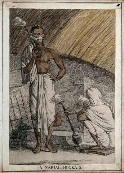 Two men smoking cocoa nut hookahs, Calcutta, West Bengal