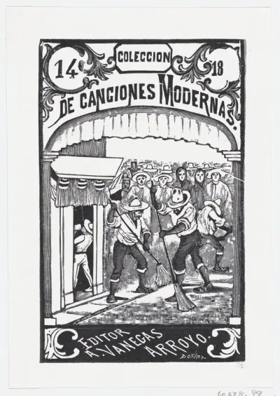 Two men sweeping the street while a crowd of people in the background watch, illustration for 'Coleccion de Canciones Modernas Cuaderno No. 14,' edited by Antonio Vanegas Arroyo