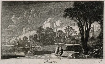 Two men walking near a mill; representing March