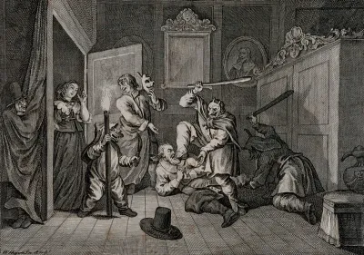 Two men wearing masks club Hudibras, as Ralphos, removing his mask, and a widow (dressed in black), watch from a doorway