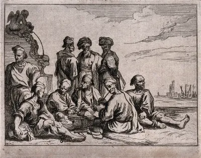 Two men wearing turbans standing in a harbour converse with a sailor while sailors and captives are seated on the ground