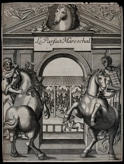 Two men with horses in front of a classical monument decorated with the head of a horse on the pediment; horse-riders in the background