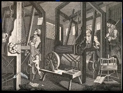Two men working at looms with an overseer carrying a large stick watching over them