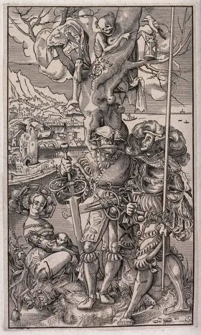 Two mercenary soldiers approach a seated prostitute while Death sits in a tree, pointing to an hourglass