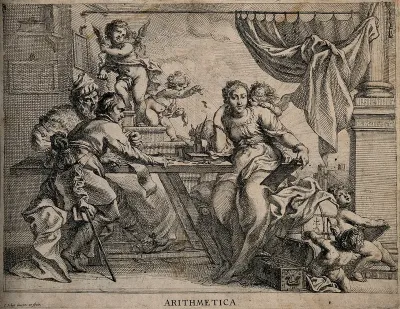 Two merchants and a woman at a table; representing arithmetic
