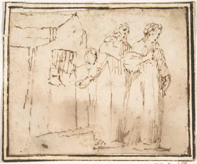 Two Monastic Figures Standing before a Church