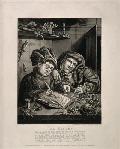 Two money-lenders counting their money and keeping their accounts, one wears spectacles