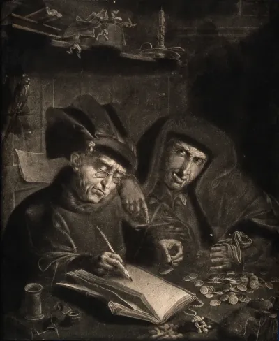 Two money-lenders counting their money, the one writing the ledger wears spectacles