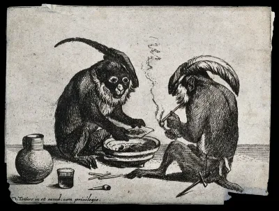 Two monkeys in feathered caps smoking tobacco