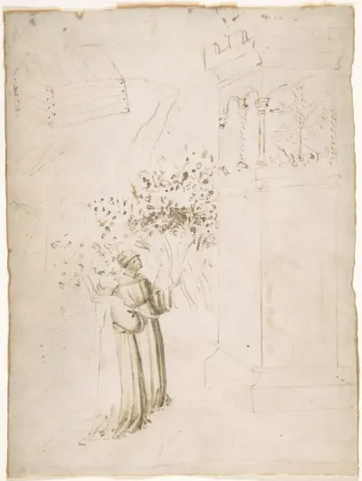 Two Monks Looking up at a Dragon in a Tower