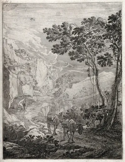 Two mules laden with barrels walking along a mountain path with their drover at a distance behind them