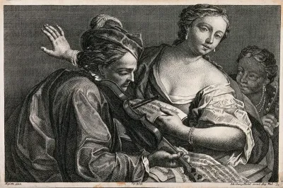 Two musicians play the violin and lute as a woman sings