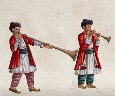 Two musicians playing the shehnai (?), an Indian wind instrument