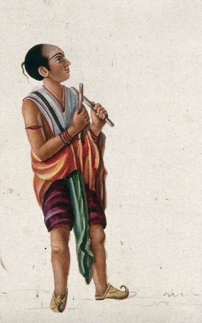 Two musicians playing with a kolu; pair of sticks beaten together in folk dances