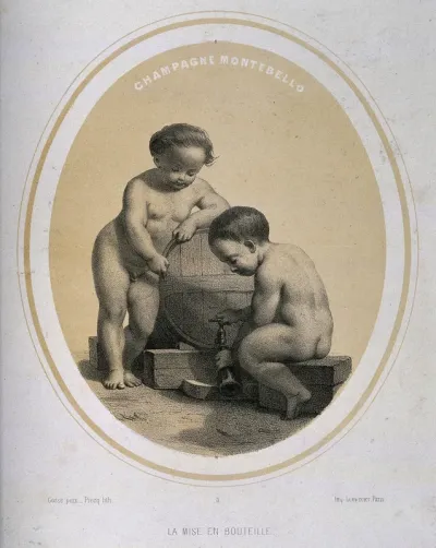 Two naked children bottling champagne